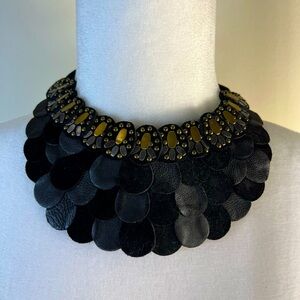 Black Feathered Leather Jewel Studded Leather Collar Necklace